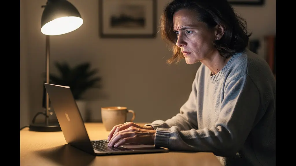 Personne européenne avec expression inquiète devant écran ordinateur, bureau à domicile