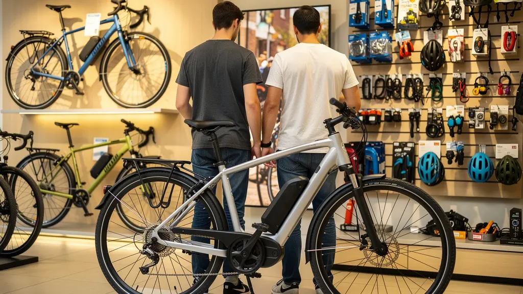 Intérieur de boutique vélo avec deux personnes regardant un VAE exposé