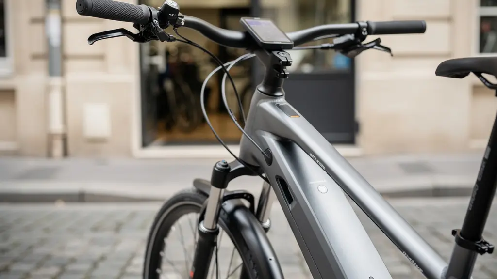 Vélo électrique urbain stationné devant boutique vélo, cadre et batterie visibles
