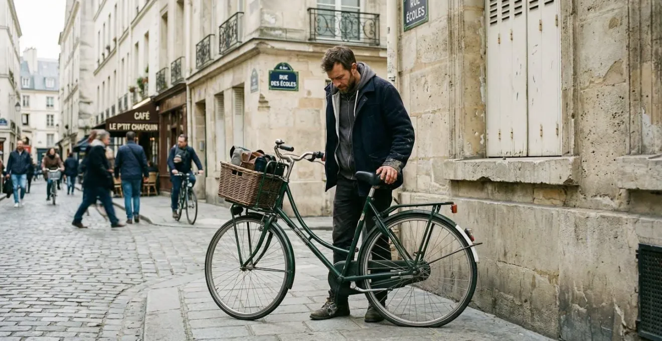Un cycliste examine sa roue dégonflée devant une façade en pierre du Quartier Latin, vélo hollandais posé contre un poteau