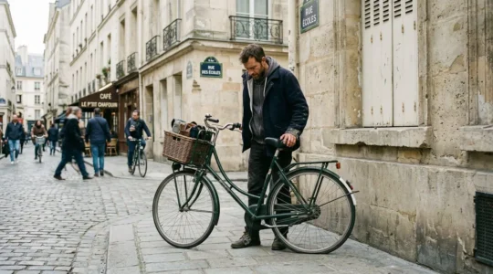 Un cycliste examine sa roue dégonflée devant une façade en pierre du Quartier Latin, vélo hollandais posé contre un poteau